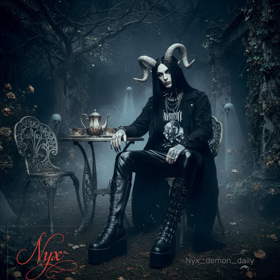 Nyx Demon Daily and the high tea at the villa Nyx, demon muse of shadows and memory, gazes through silver eyes horned, pale, and beautiful. Gothic close-up from the mythos of Nyx Demon Daily, the spectral musician who sings what it’s like to feel everything without being alive